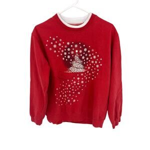 Decorated Originals Red Crewneck Christmas Tree Sweatshirt Stars Snow Sz M
